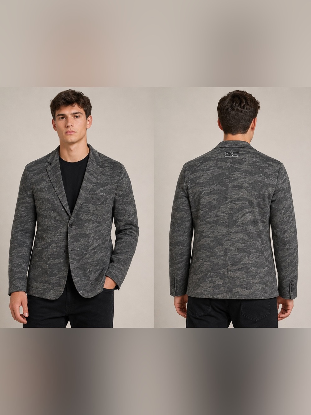 Marc Ecko Blazer Jacket Men XL Cut & Sew Gray Camouflage 2-Button Raw Hem Cotton